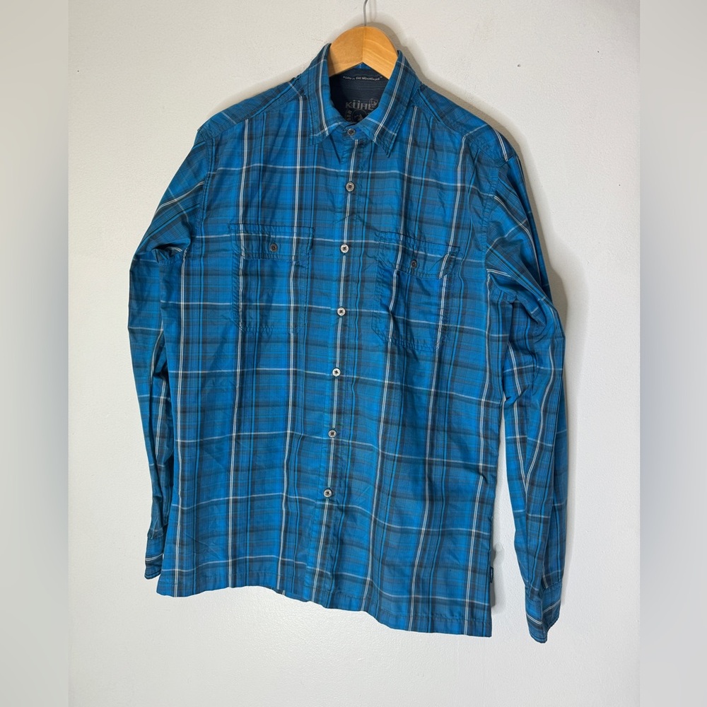 Kuhl Eluxur Shirt Mens Medium Blue Plaid Long Sleeve‎ Button Up Hiking Outerwear